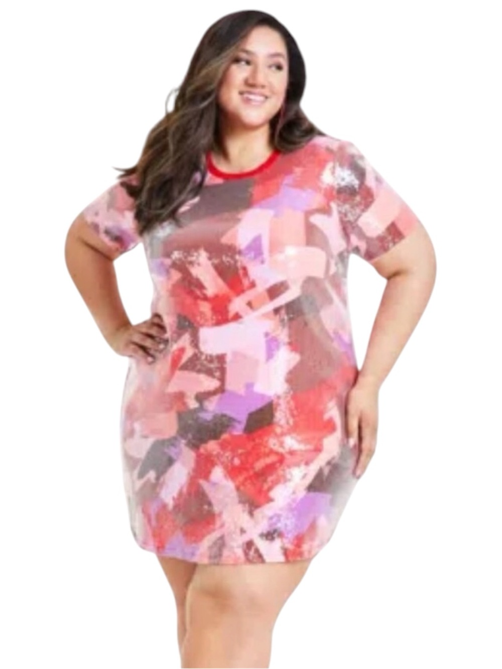 Nina Parker Sequin T-Shirt Dress Red Paint Colorblock Plus Size 3X NWT